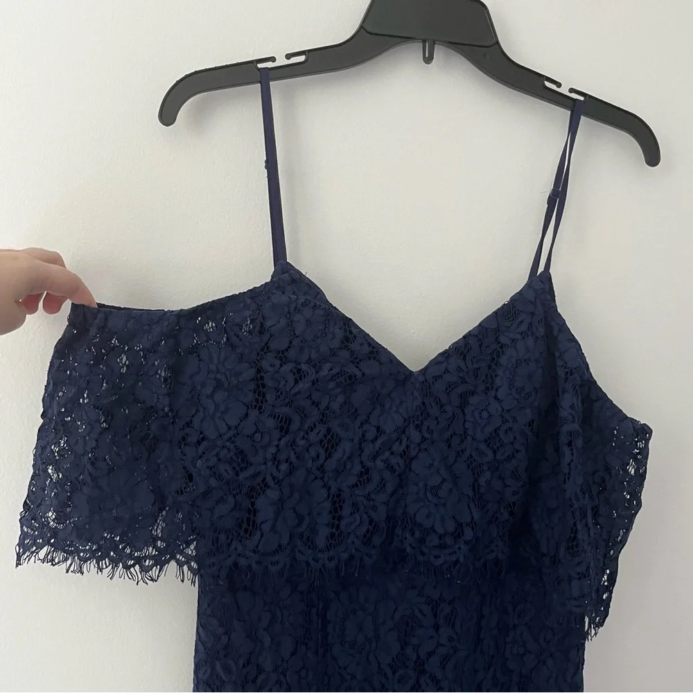Lulus Caterina Navy Blue Floral Off The Shoulder Slit Maxi Dress Medium - Picture 4 of 14